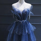 Vintage Blue Beaded Design Elegant A-Line Chiffon Tulle Evening Dress Prom Dress DP6139