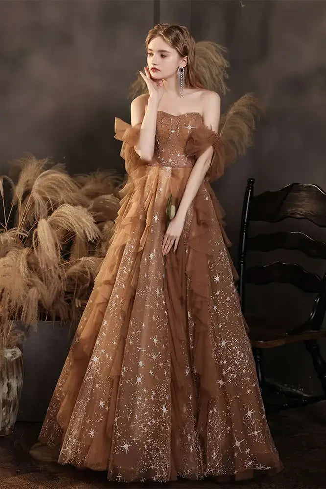 Elegant Champagne Sweetheart Shiny Sequin Ruffle Design A-Line Chiffon Tulle Evening Dress Prom Dress DP6135