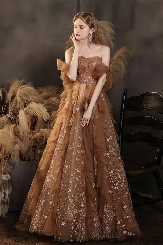Elegant Champagne Sweetheart Shiny Sequin Ruffle Design A-Line Chiffon Tulle Evening Dress Prom Dress DP6135
