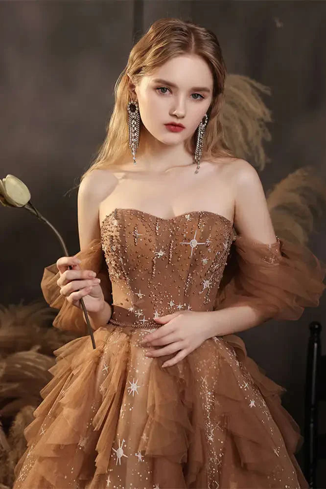 Elegant Champagne Sweetheart Shiny Sequin Ruffle Design A-Line Chiffon Tulle Evening Dress Prom Dress DP6135