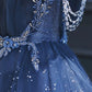 Vintage Blue Beaded Design Elegant A-Line Chiffon Tulle Evening Dress Prom Dress DP6139