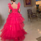 Vintage Hot Pink A-Line Prom Dress Long Sweetheart Evening Dress Chiffon Tiered Formal Dress, DP6587