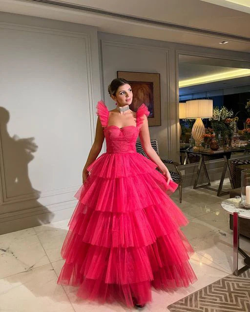 Vintage Hot Pink A-Linie Ballkleid Langes Sweetheart Abendkleid Chiffon Stufenkleid, DP6587