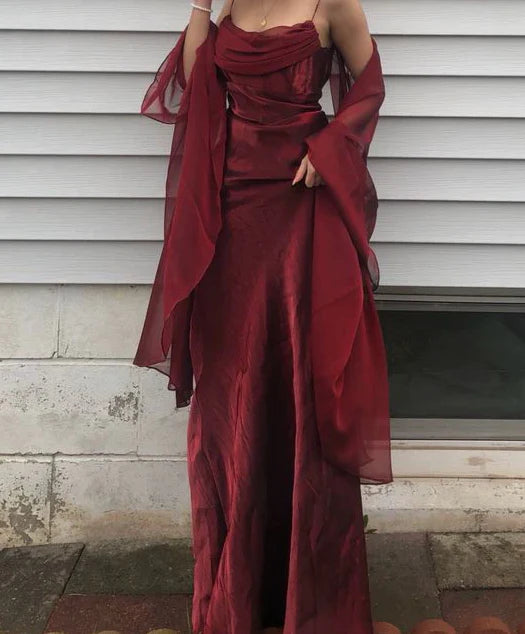Vintage Burgundy Chiffon Spaghetti Strap A-Line Long Prom Dress Party Dress Evening Dress DP6465