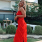 Vintage Rotes Etuikleid mit langen Rüschen, Abendkleid mit Spaghettiträgern, DP6580