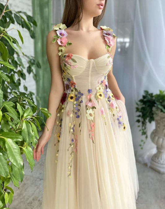 Vintage-Ballkleid mit Blumenapplikation, langes A-Linien-Abendkleid aus Chiffon, formelles Kleid, DP6593
