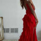 Vintage Rotes Etuikleid mit langen Rüschen, Abendkleid mit Spaghettiträgern, DP6580