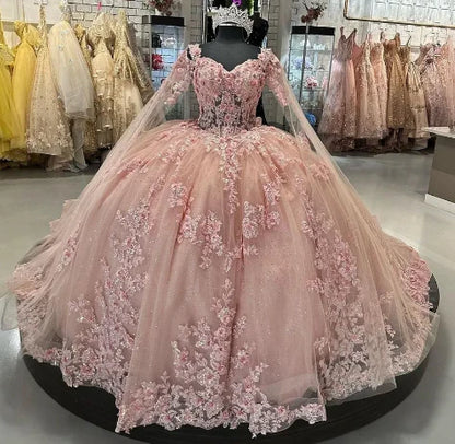 Beautiful Pink Sweetheart Applique Sweet 16 Quinceanera A-Line Tulle Floor-length Prom Dress Birthday Dress Evening Dress Ball Gown DP6499