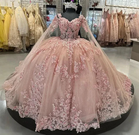Wunderschönes rosa Sweetheart-Applikation Sweet 16 Quinceanera A-Linie Tüll bodenlanges Ballkleid Geburtstagskleid Abendkleid Ballkleid DP6499
