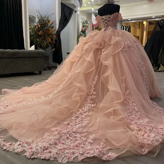 Elegantes rosa schulterfreies A-Linien-Ballkleid mit Paillettenapplikationen und bodenlangem Sweet 16 Quinceanera-Kleid, Geburtstagskleid, Abendkleid, Ballkleid, DP6443