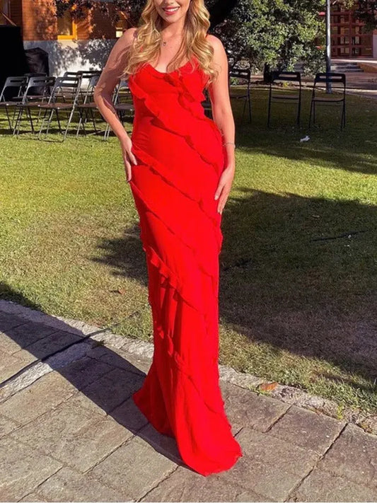 Vintage Rotes Etuikleid mit langen Rüschen, Abendkleid mit Spaghettiträgern, DP6580