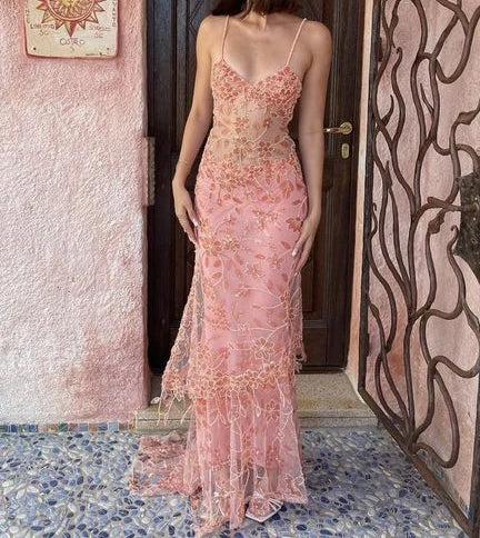 Vintage Rosa Spitze Etuikleid Ballkleid Langes Abendkleid Spaghettiträger Formales Kleid, DP6583