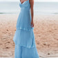 Vintage Blue Sweetheart Pleated A-Line Tiered Long Prom Dress Party Dress Evening Dress DP6462