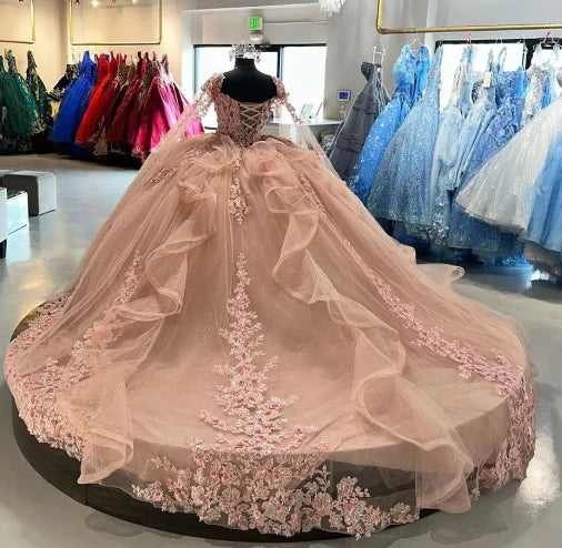 Beautiful Pink Sweetheart Applique Sweet 16 Quinceanera A-Line Tulle Floor-length Prom Dress Birthday Dress Evening Dress Ball Gown DP6499