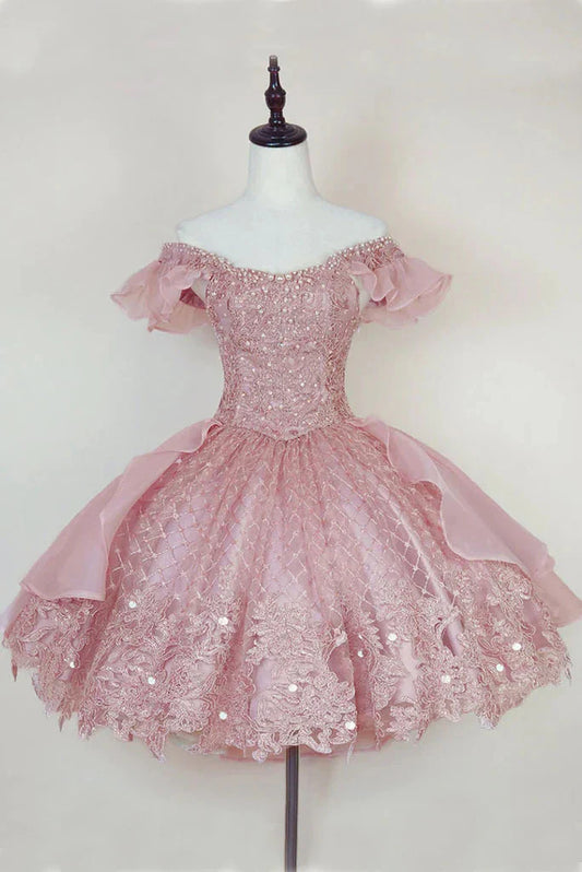 Vintage Shiny Pink Beaded Homecoming Dress Off-the-shoulder Party Dress Short A-Line Cocktail Dress DP6630