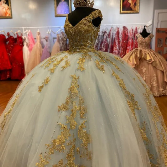 Wunderschöne Pailletten-Applikation mit V-Ausschnitt, A-Linie, Ballkleid für Sweet 16 Quinceanera, Geburtstagskleid, Abendkleid, Ballkleid DP6526