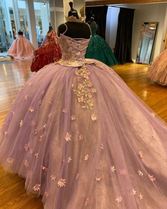 Elegant Applique Beaded Spaghetti Strap Sweet 16 Quinceanera A-Line Tulle Floor-length Prom Dress Birthday Dress Evening Dress Ball Gown DP6504