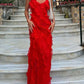 Vintage Rotes Etuikleid mit langen Rüschen, Abendkleid mit Spaghettiträgern, DP6580