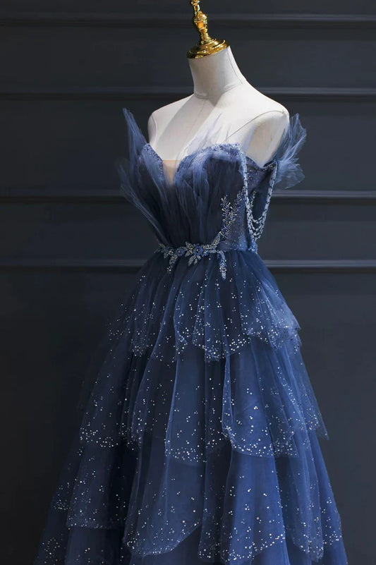 Vintage Blue Beaded Design Elegant A-Line Chiffon Tulle Evening Dress Prom Dress DP6139