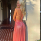Robe de soirée longue plissée rose à col en V et dos nu, DP1969