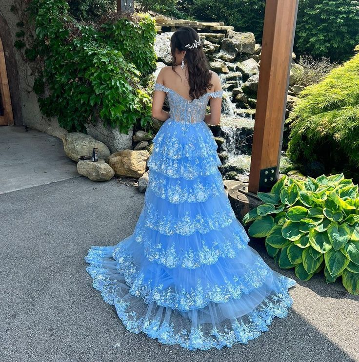 Cute A-Line Off the Shoulder Blue Tulle Long Prom Dresses with Appliques,DP0159