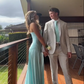 Light Blue Straps Lovely Satin Long Party Dress with Slit, DP2545