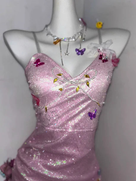 Glitter Pink Sequin Spaghetti Strap Butterfly Design 16th Birthday Party Dress Homecoming Dress DP6037