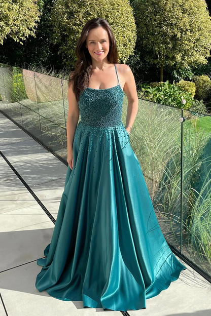 Green A-line Beaded Lace-Up Back Satin Long Prom Dress,DP023