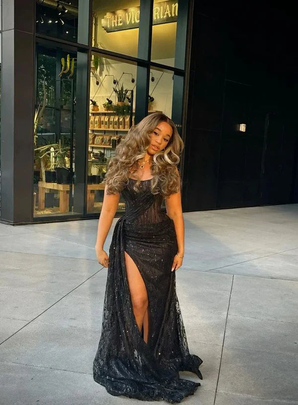 Gorgeous Glittering Black Beaded Strapless Mermaid High Slit Prom Dress Evening Dress DP6324