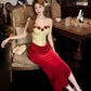 Vintage 3D Rose Sweetheart Ballkleid Roter Samt Etui Abendkleid Langes Abendkleid DP6649