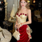 Vintage 3D Rose Sweetheart Ballkleid Roter Samt Etui Abendkleid Langes Abendkleid DP6649