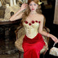 Vintage 3D Rose Sweetheart Ballkleid Roter Samt Etui Abendkleid Langes Abendkleid DP6649