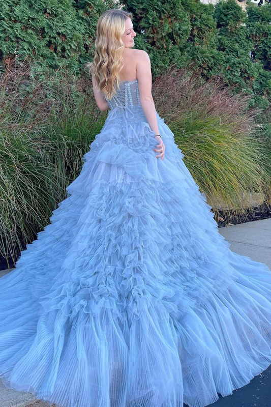 Princess Blue Strapless Tiered Tulle Prom Gown,DP0195