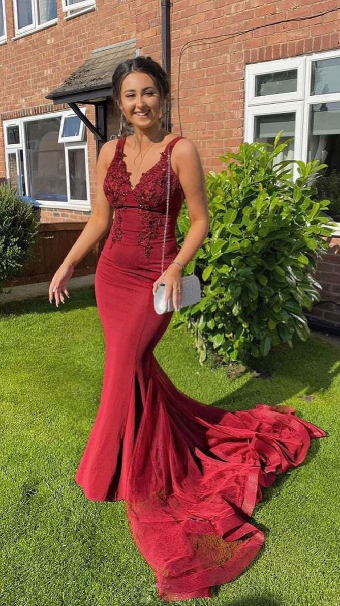 Burgundy Tulle Lace Mermaid Formal Long Prom Dress,DP0143