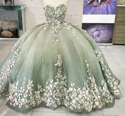 Sage Green Quinceanera Dress Ball Gown Lace Sweet 16 Dress With Flowers, DP2394