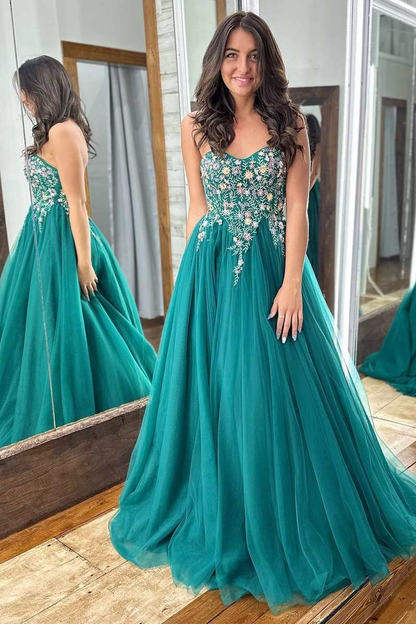 Emerald Green Tulle Floral Lace Strapless A-Line Prom Gown,DP046