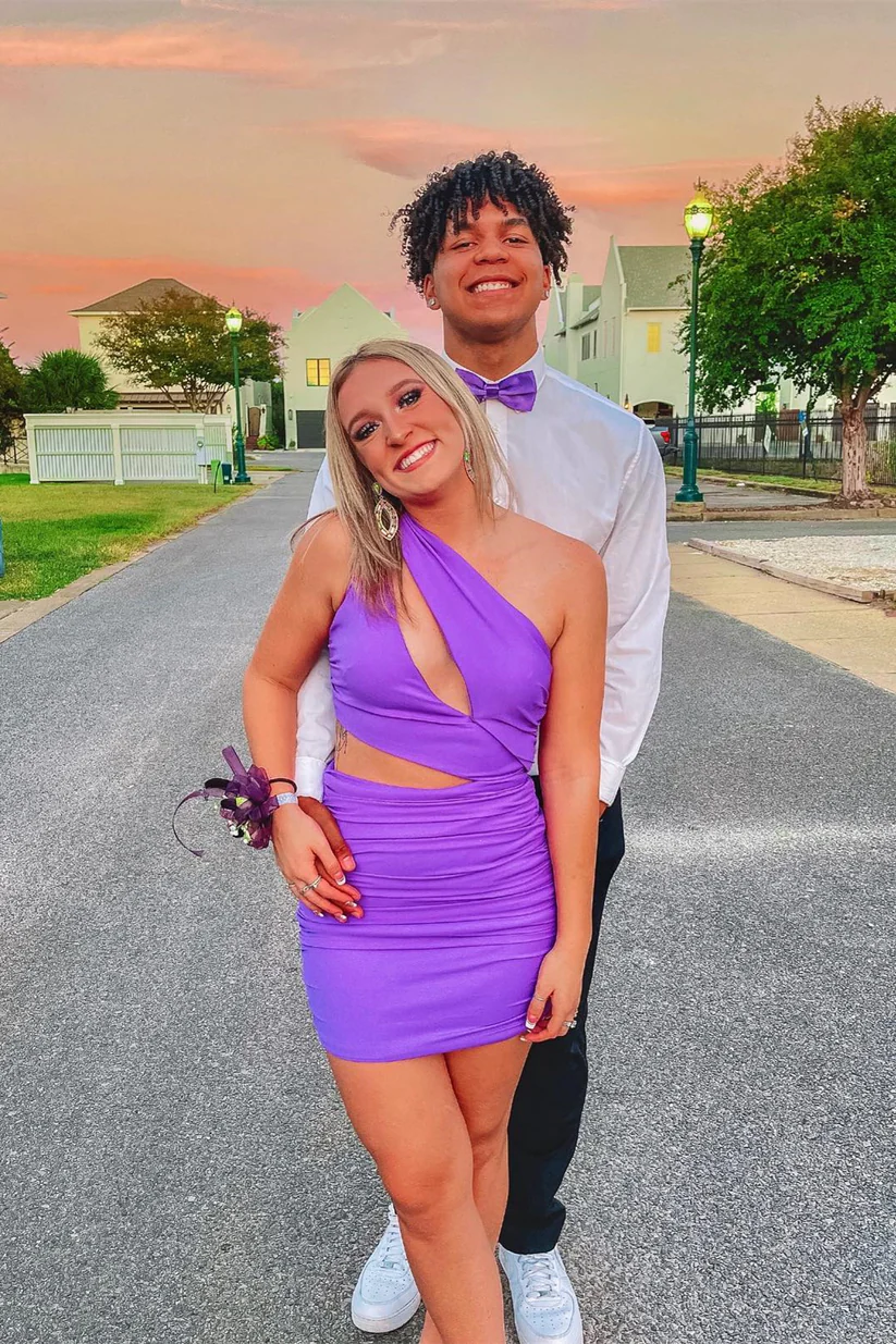 Purple One Shoulder Tight Cut Out Homecoming Dress , DP2332