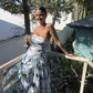 Blue Printed A-Line Strapless Long Prom Dress,DP1724