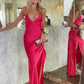 Rose Red V Neck Satin Long prom Dress with Slit, DP2454