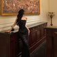 Vintage Black Strapless Floral Applique Design Elegant Sheath Evening Dress Prom Dress  DP6106
