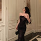 Vintage Black Strapless Floral Applique Design Elegant Sheath Evening Dress Prom Dress  DP6106