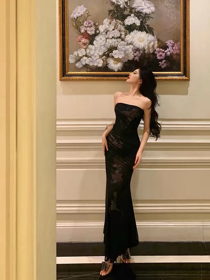 Vintage Black Strapless Floral Applique Design Elegant Sheath Evening Dress Prom Dress  DP6106