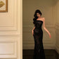 Vintage Black Strapless Floral Applique Design Elegant Sheath Evening Dress Prom Dress  DP6106