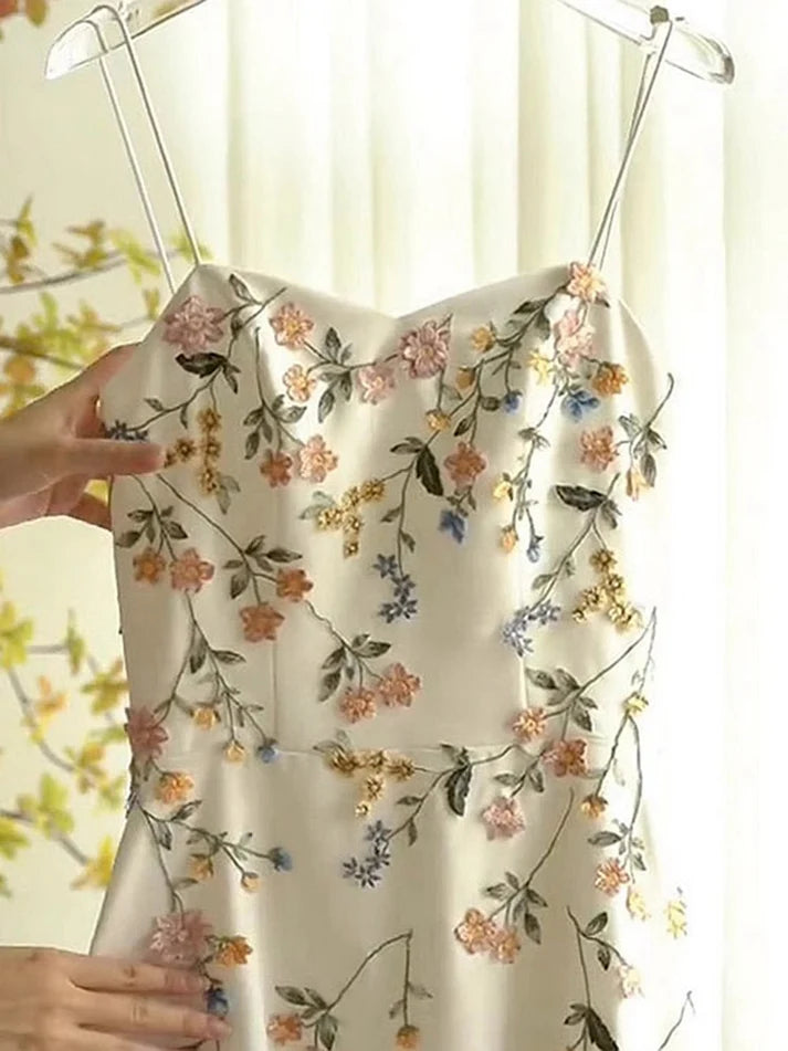 Vintage Beige Spaghetti Strap Floral Applique Design Elegant A-Line Evening Dress Prom Dress DP6109