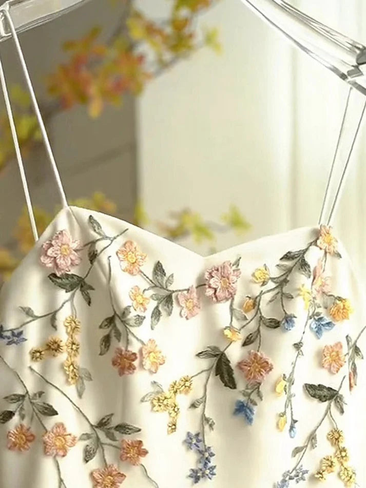 Vintage Beige Spaghetti Strap Floral Applique Design Elegant A-Line Evening Dress Prom Dress DP6109