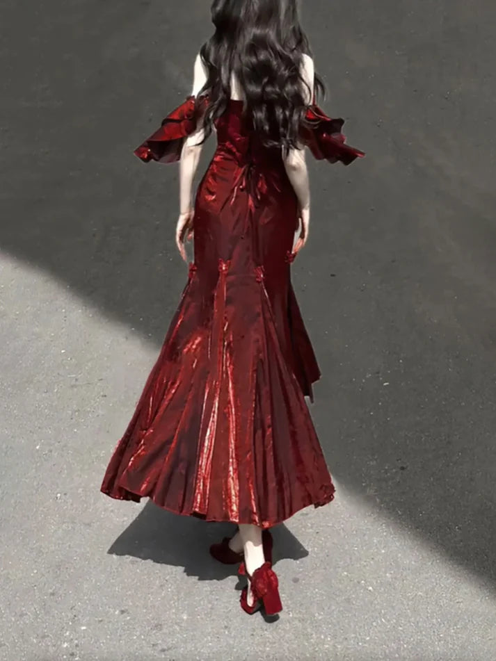 Vintage Burgundy Spaghetti Strap Mermaid Design Elegant Satin Evening Dress Prom Dress DP6107