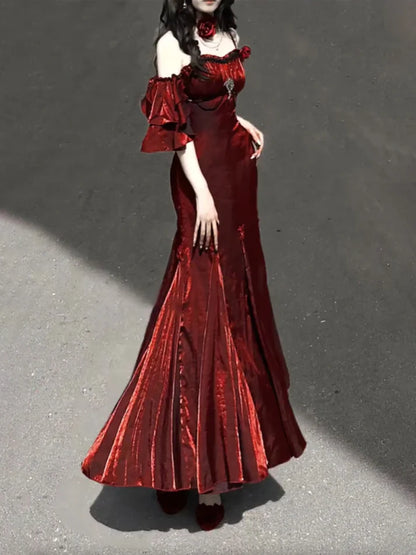 Vintage Burgundy Spaghetti Strap Mermaid Design Elegant Satin Evening Dress Prom Dress DP6107