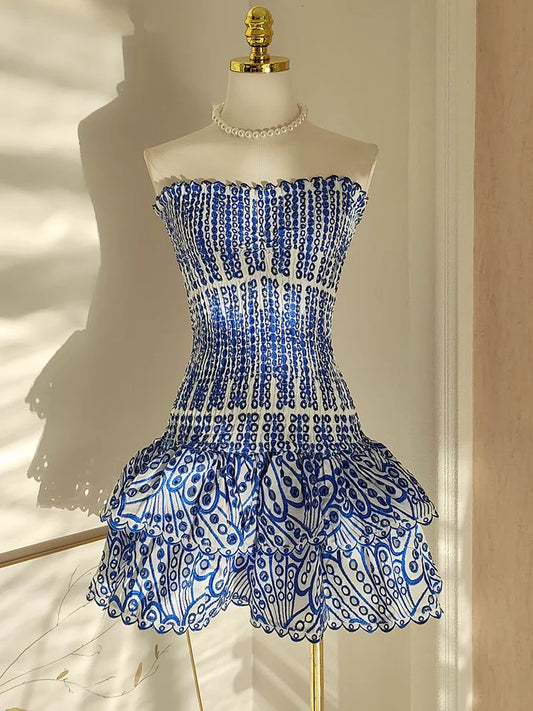 Vintage Dark Blue Pattern Design Strapless Mini Party Dress Homecoming Dress DP6035