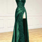 Vintage Applique V-neck Spaghetti Strap Satin Floor-length High Slit Prom Dress Evening Dress DP6329