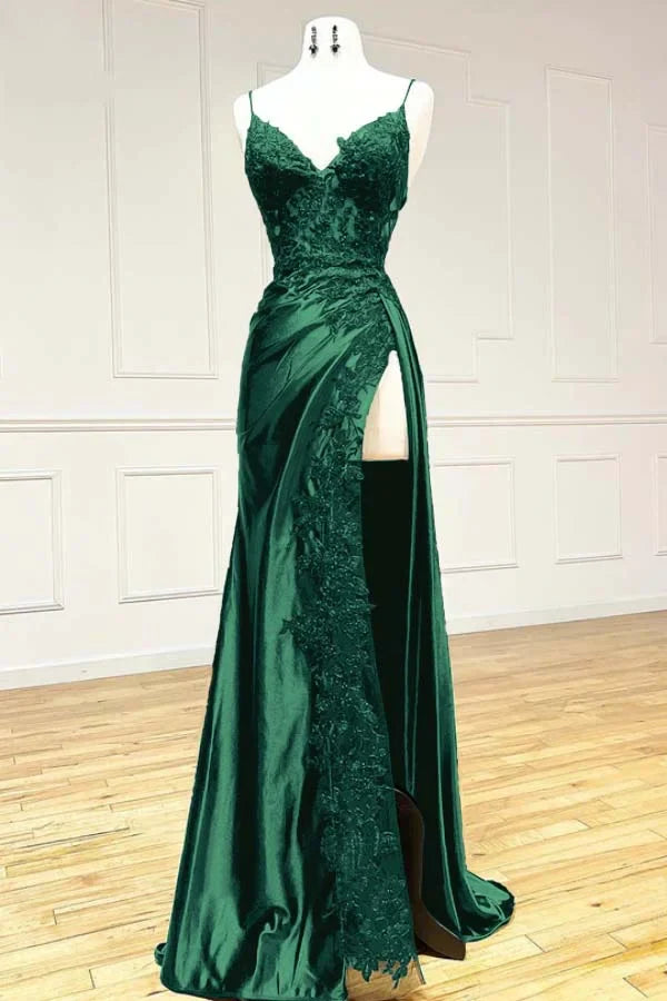 Vintage Applique V-neck Spaghetti Strap Satin Floor-length High Slit Prom Dress Evening Dress DP6329